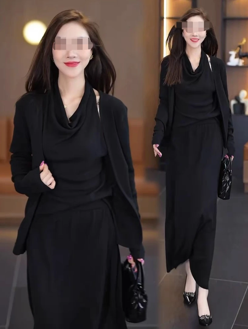 气质挂脖背心开衫假两件针织长袖上衣＋半身长裙两件套大码6865