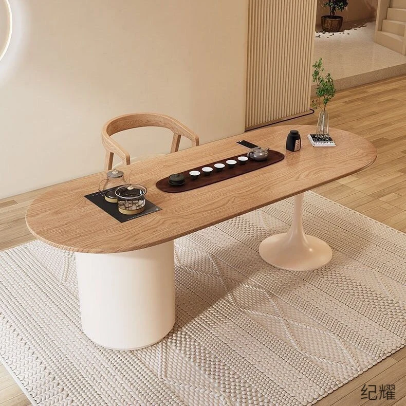 奶油实木茶桌一体泡茶家用茶台现代阳台桌椅碳化原木书桌组合简约