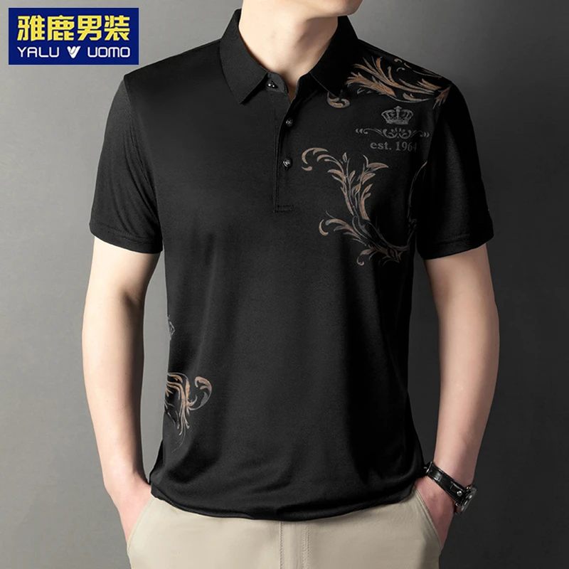 雅鹿男装男士夏季薄款短袖翻领宽松印花半袖POLO衫商务中青年男装
