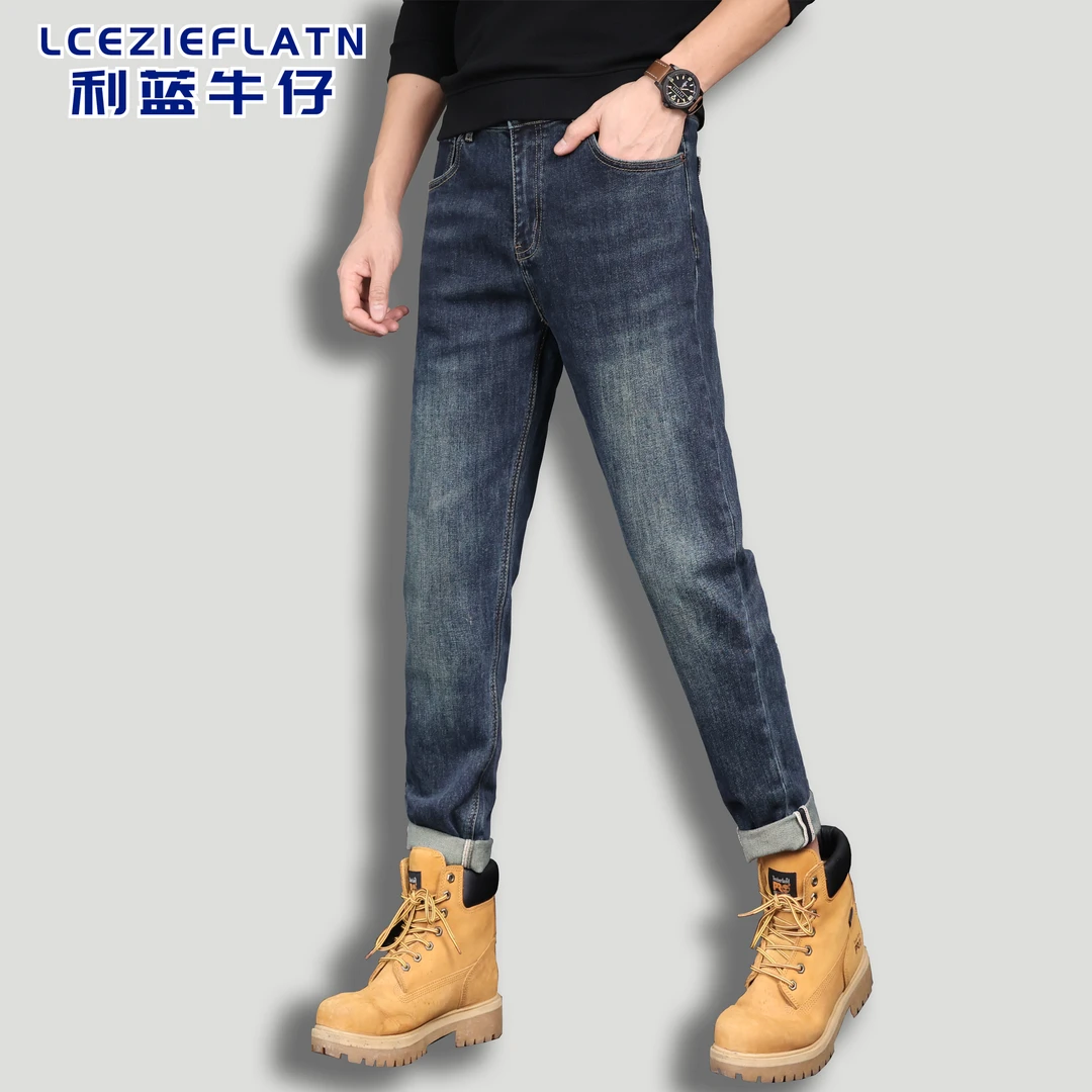 利蓝牛仔新款宽松弹力水洗潮流牛仔裤男子百搭深蓝色冬季男裤加绒
