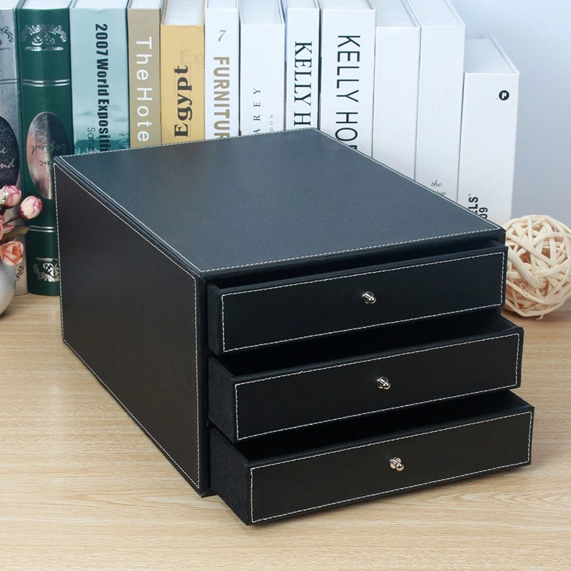 丽然皮革文件收纳柜盒A4纸桌面文具整理三层抽屉式储物盒创意办公