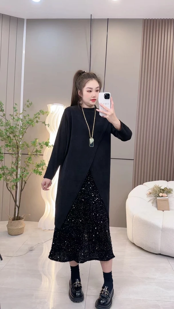 2025大码女装胖mm春季时尚洋气亮片包臀裙遮肚藏肉半身裙+上衣女