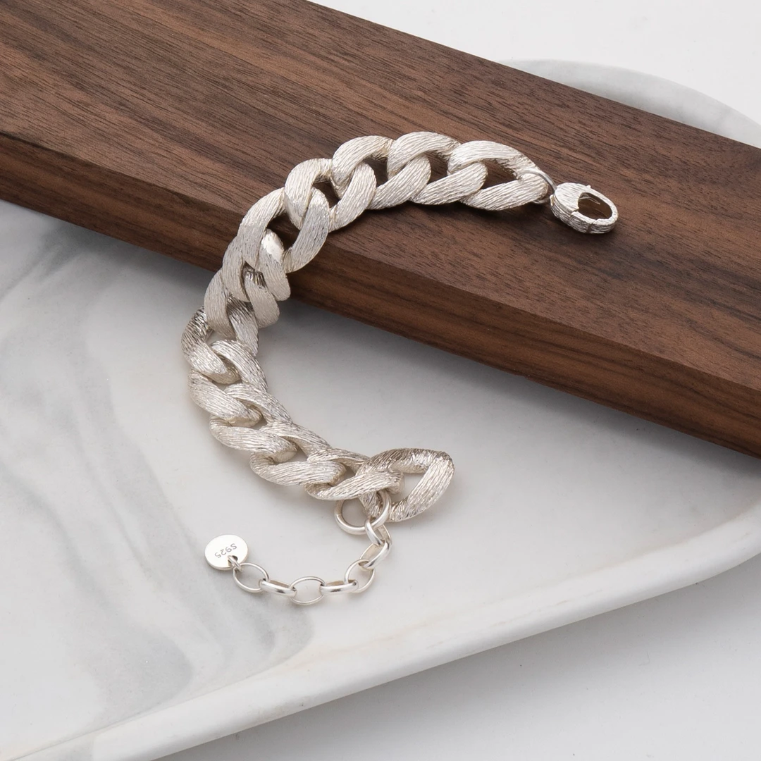 925银手链 银手链古巴链拉丝手工气质时尚简约设计感ins韩版素款