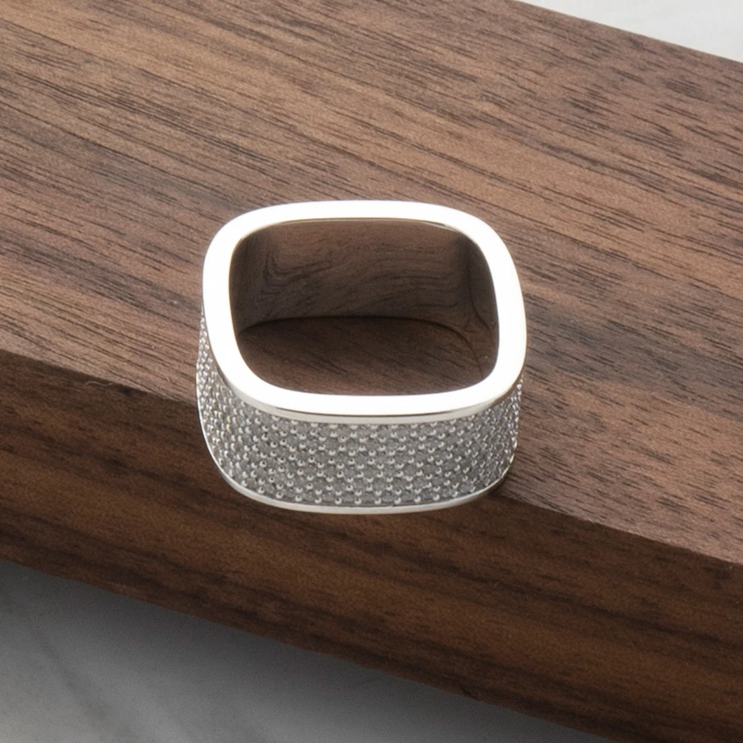 925银戒指 四边形锆石戒指个性时尚欧美百搭素款简约手工冷淡风