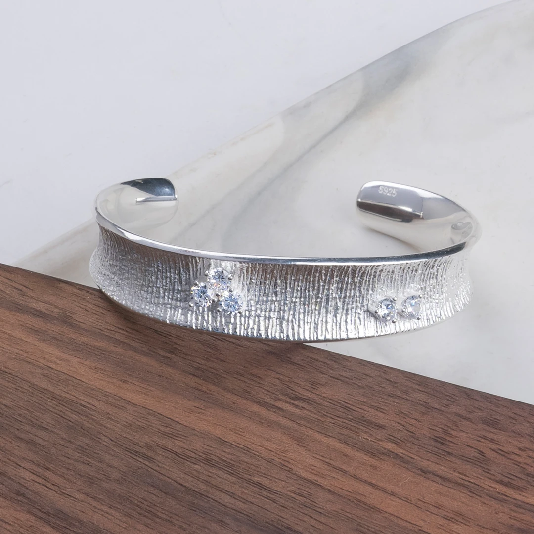 925银手镯 拉丝丝绒皓石开口手镯女款手工时尚实心百搭简约日韩