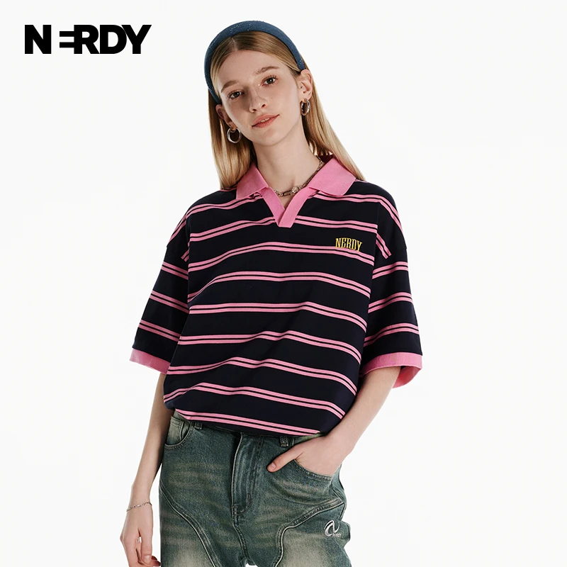 NERDY2024夏季新款撞色条纹polo领情侣装T恤女宽松休闲短袖上衣潮