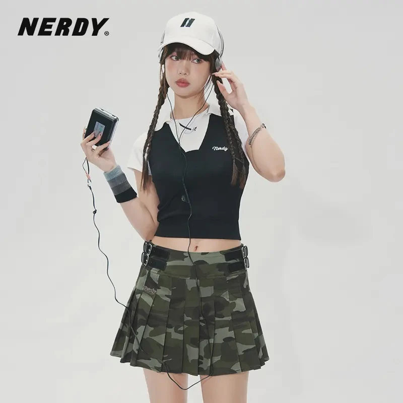NERDY2023夏秋新款经典基础logo绣花polo领针织背心女无袖上衣潮