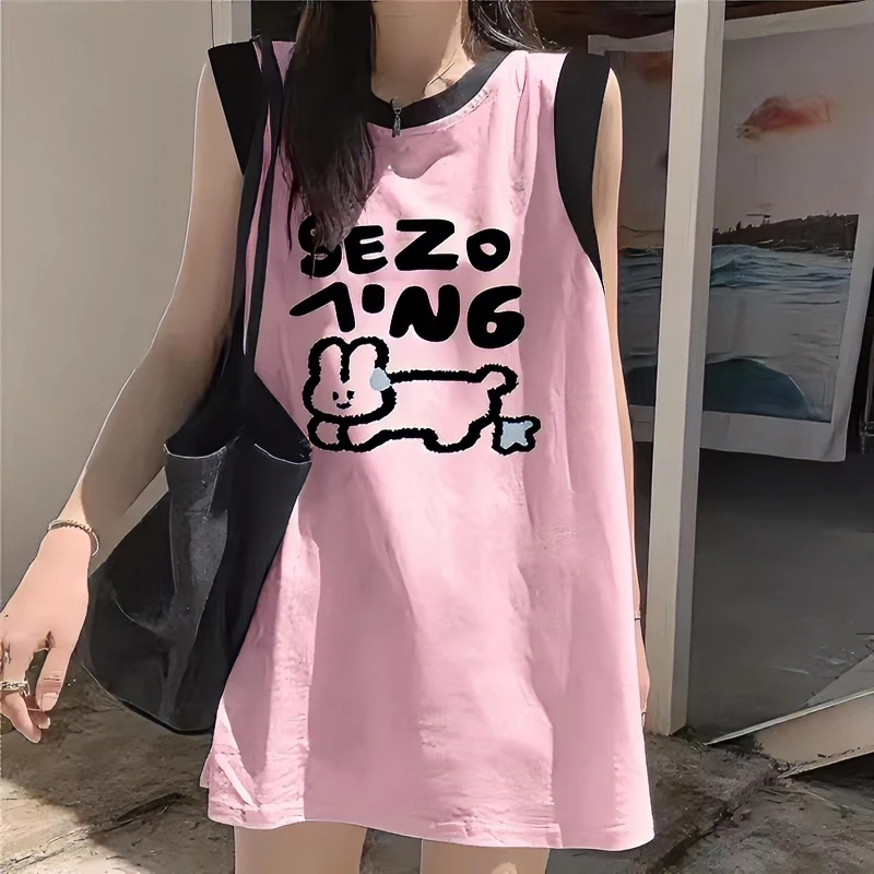 100%纯棉重磅高街夏季宽松多巴胺辣妹拼接粉色显白背心无袖t恤女