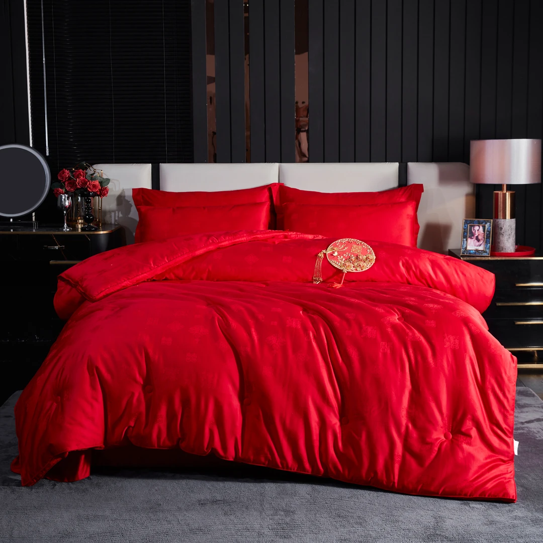 喜被结婚陪嫁被子纯色刺绣加厚被绒被被柔软亲肤婚庆被芯