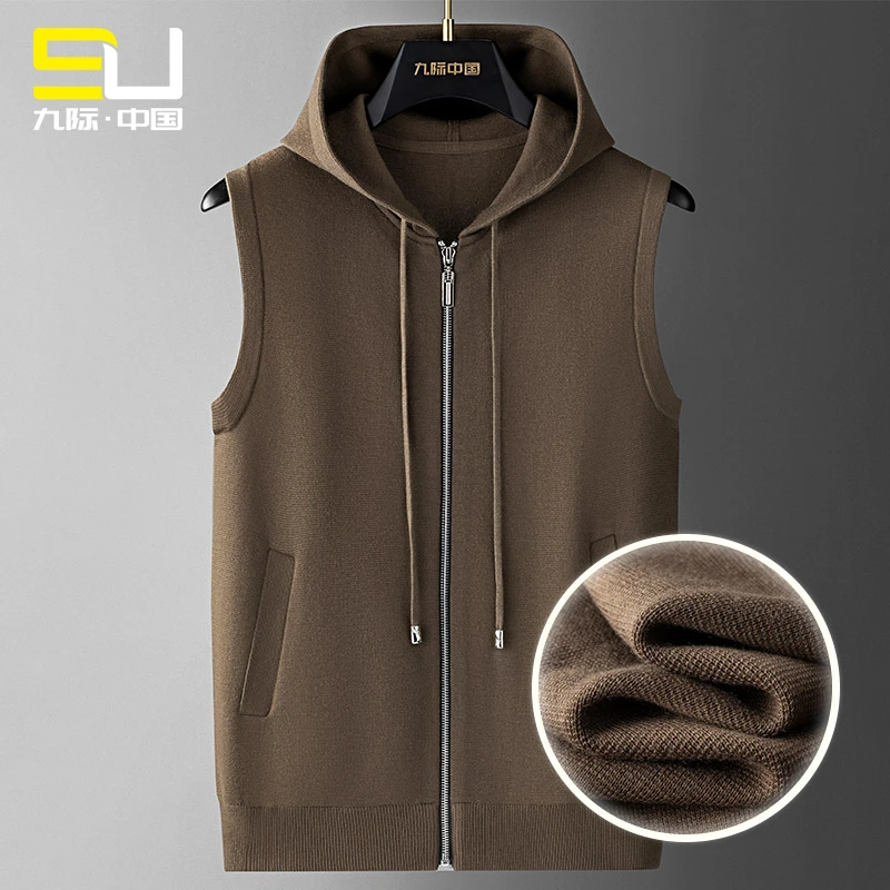 2025秋冬新款男士绵羊毛连帽无袖开衫马甲毛衣冬季保暖夹克外套男