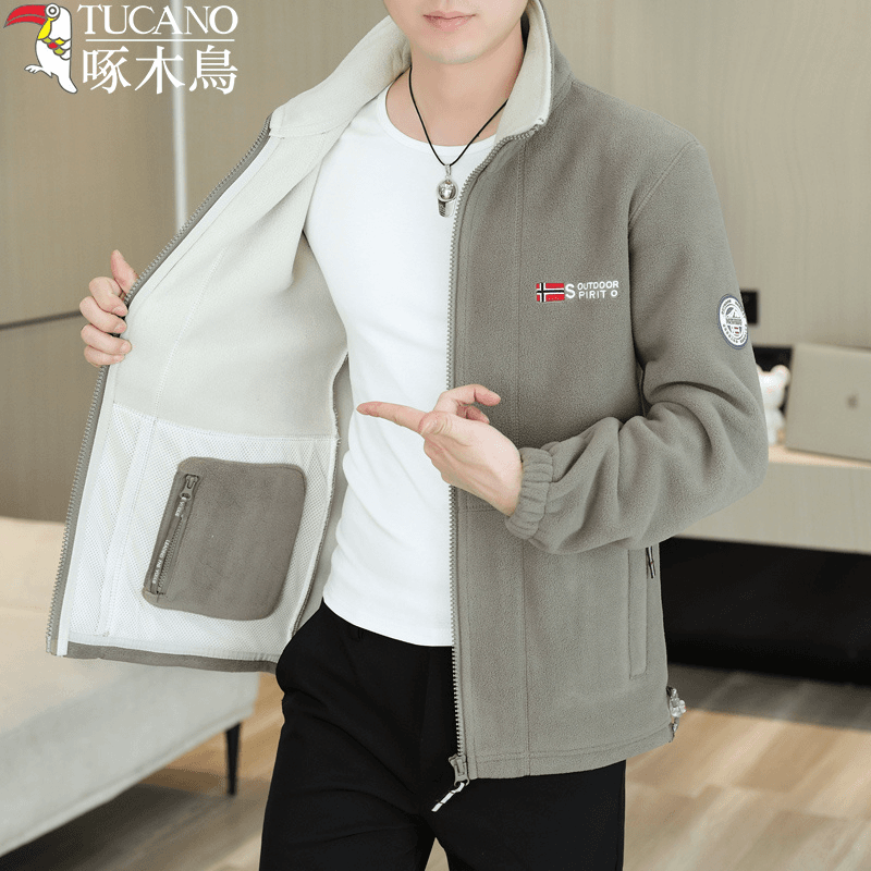 啄木鸟摇粒绒外套男士秋冬季羊羔绒加厚保暖抓绒立领夹克上衣男装