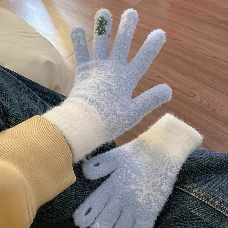 圣诞树手套女士手套冬季新款露指加厚保暖可爱学生防寒毛线可触屏