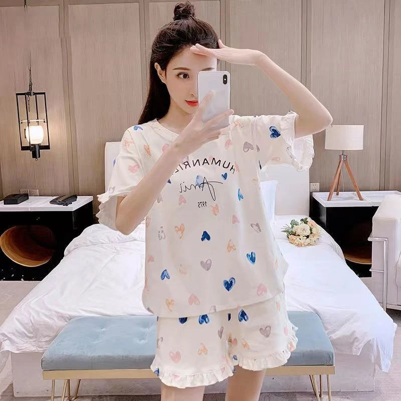 清新可爱短袖短裤睡衣女夏季纯棉韩版学生薄款休闲家居服套装外穿