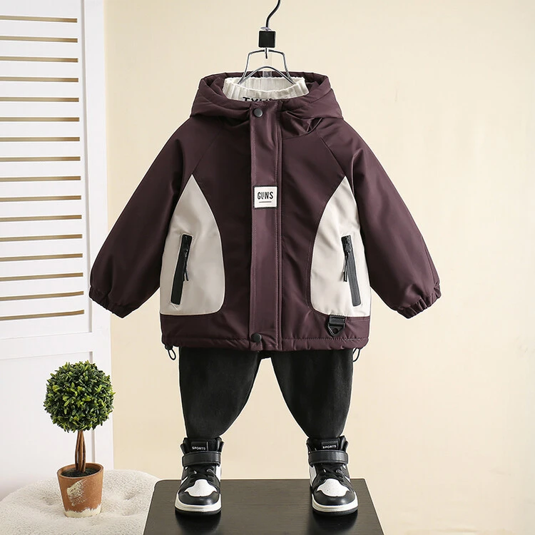 男童秋冬加绒外套2024新款潮小童初冬加厚冬装冲锋衣儿童深秋棉服