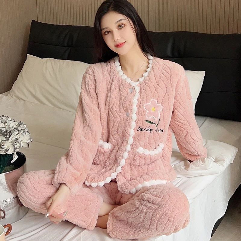 甜美太阳花女士睡衣冬季加绒加厚珊瑚绒保暖大码秋冬款家居服套装