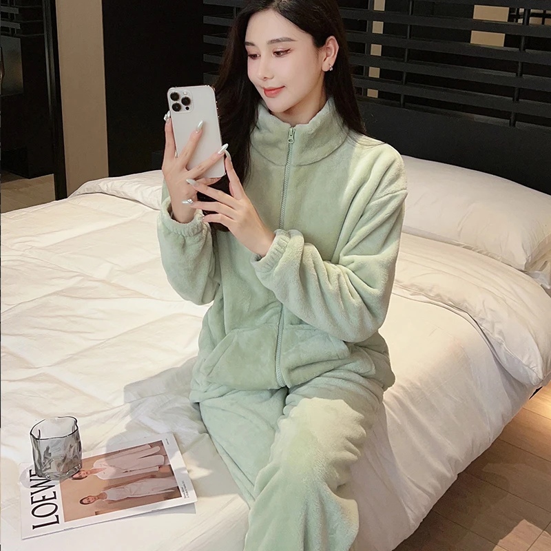 睡衣女冬季珊瑚绒加厚加绒2024年新款秋冬季保暖法兰绒家居服套装