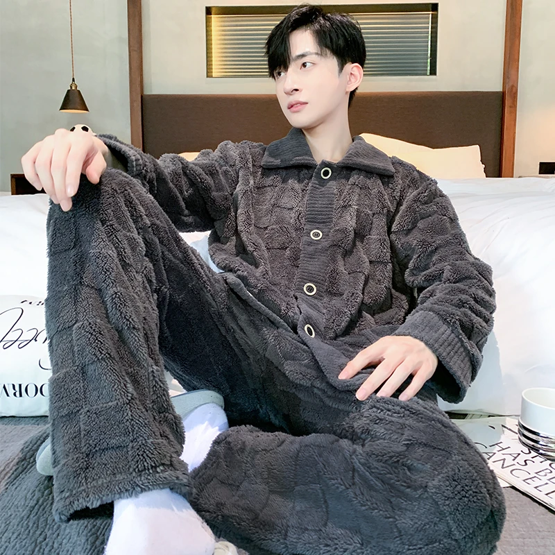 方格提花睡衣男士秋冬款冬季珊瑚绒加绒加厚保暖法兰绒家居服套装