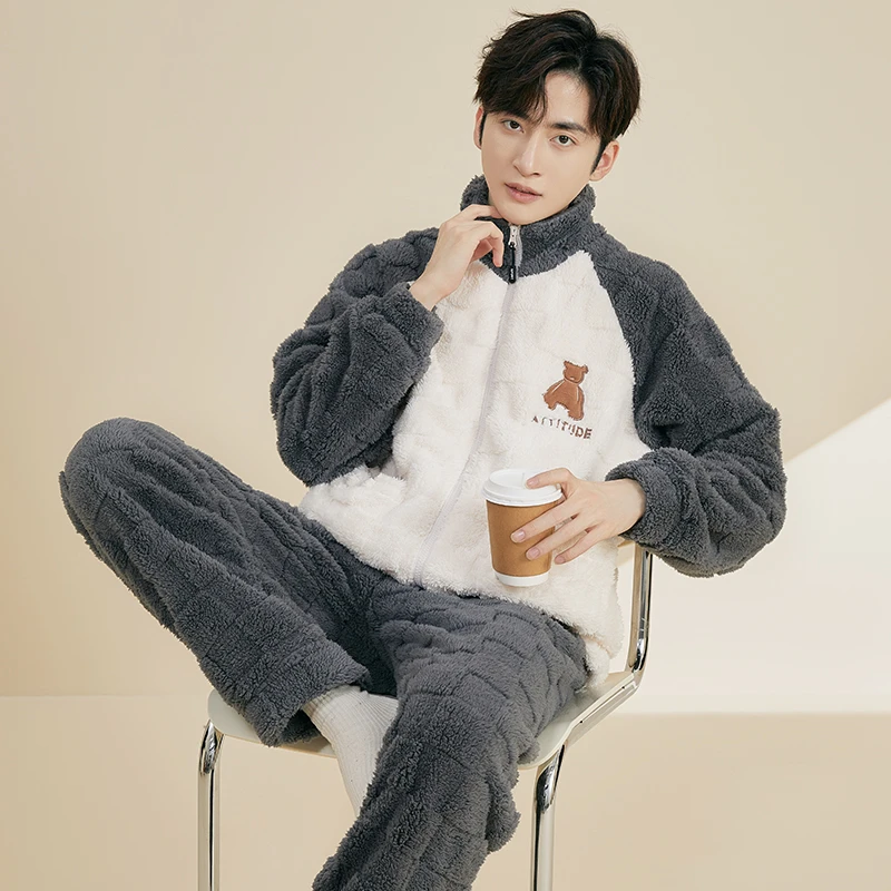 睡衣男士秋冬季加厚款珊瑚绒加绒法兰绒休闲家居服保暖套装可外穿