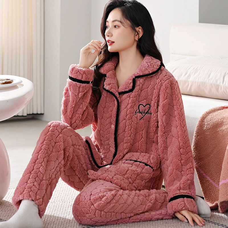 专属2加绒保暖珊瑚绒睡衣女加厚大码冬天法兰绒中老年睡衣套装