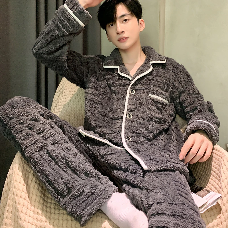 男士睡衣男冬季加绒加厚珊瑚绒可外穿法兰绒青年中年家居服套装冬