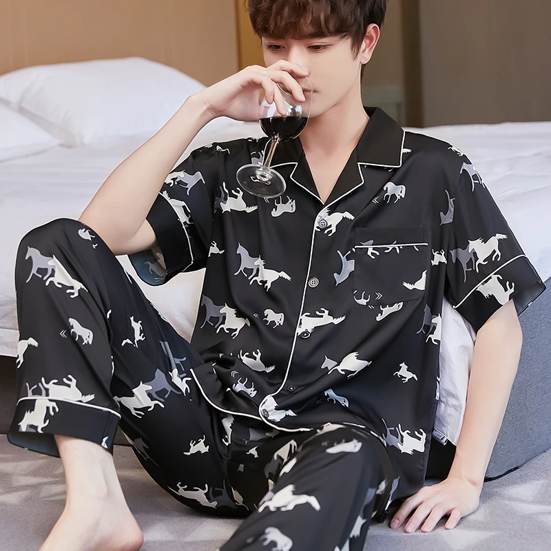 青年男士睡衣男夏短袖薄款冰丝夏季大码宽松夏天透气家居服套装