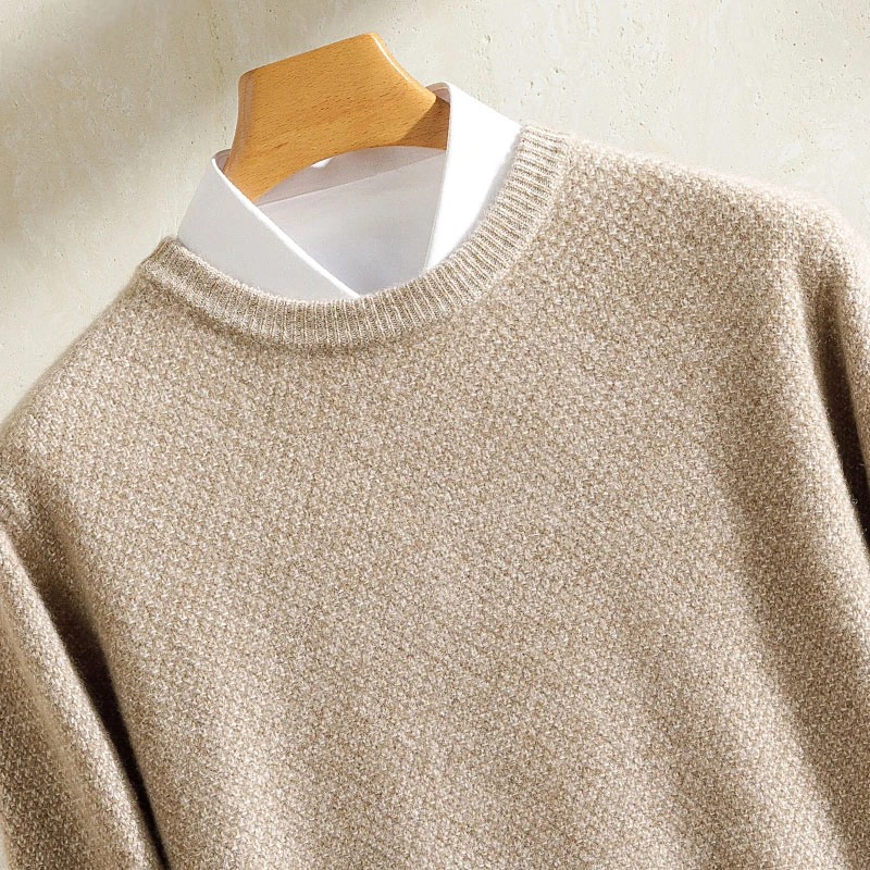 男士高端100%纯山羊绒七针三股重磅加厚花纱圆领套头针织衫毛衣