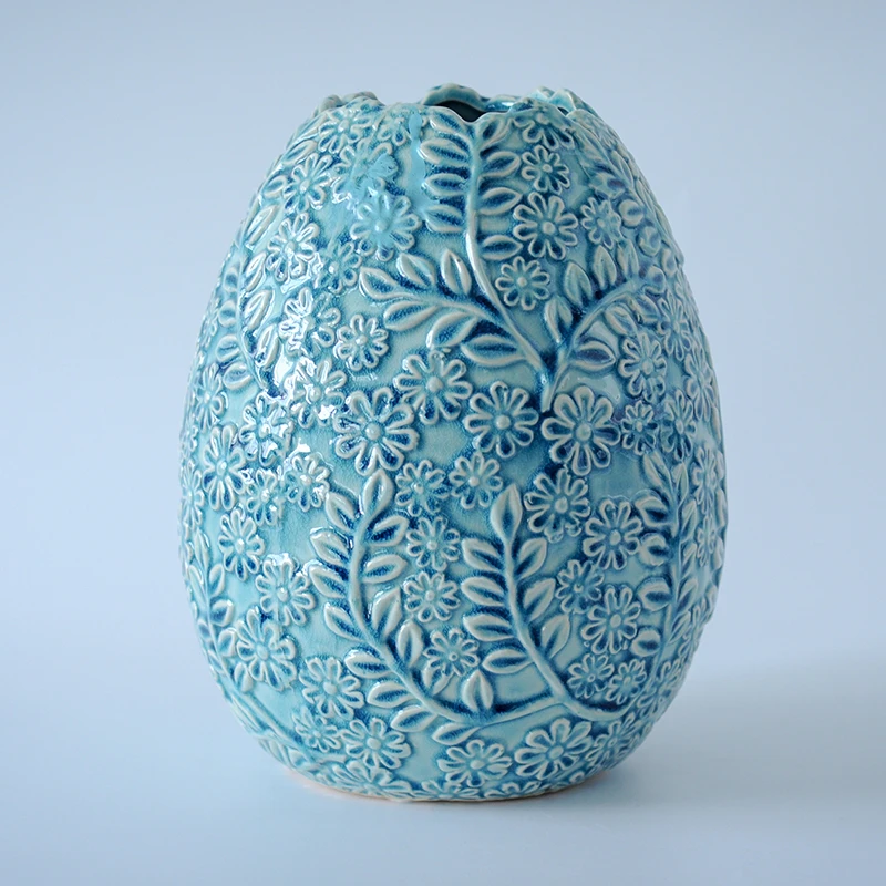 0017//精品蓝色冰裂纹浮雕陶瓷花瓶复古创意出口北欧立体插花摆件