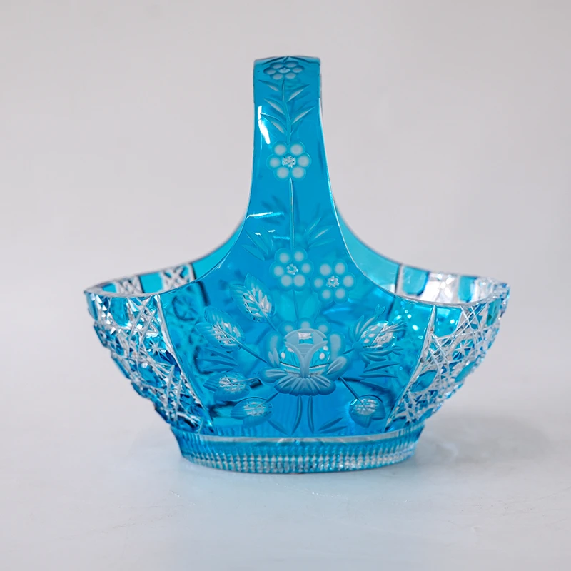 0181欧式进口水晶磨刻圣路易天蓝色奢华大气家居果篮提篮客厅装饰