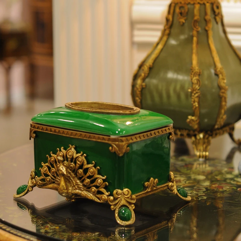 0181//茉花市集铜配瓷绿色孔雀纸巾盒抽纸盒摆件客厅欧式餐厅玄关