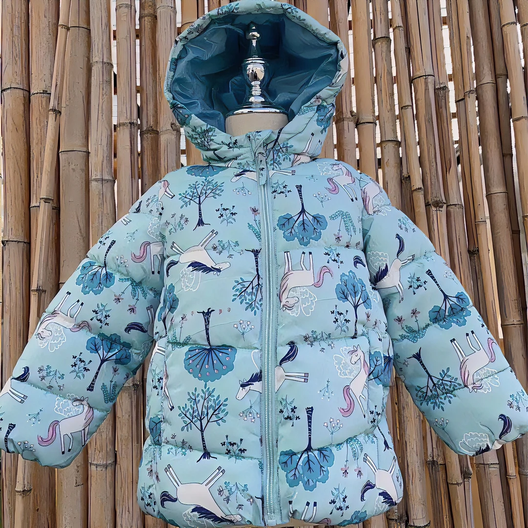 外贸宝宝短款儿童满印印花时尚连帽棉服冬季