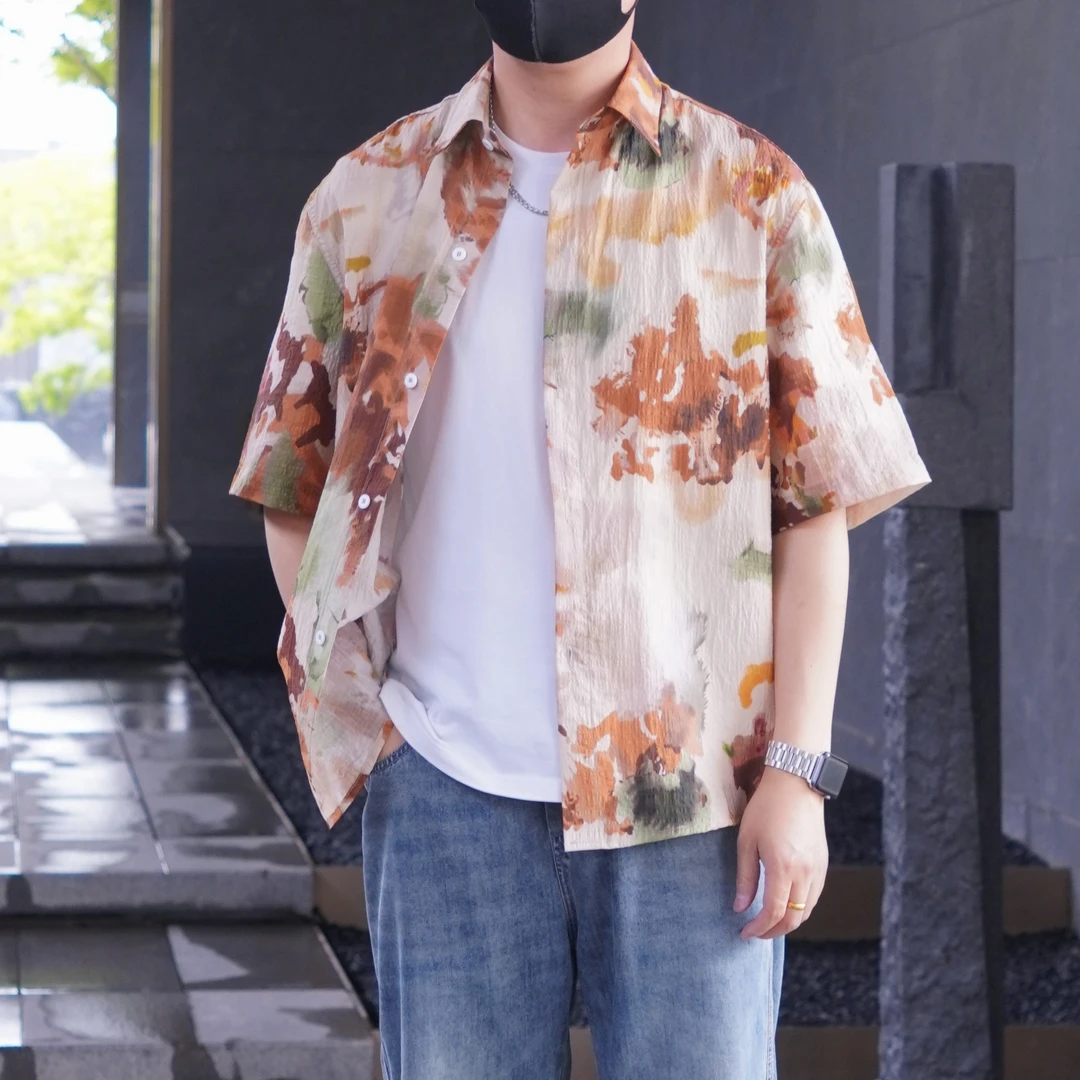 夏季薄款天丝冰感衬衫男士休闲百搭舒适宽松扎染印花痞帅花衬衣