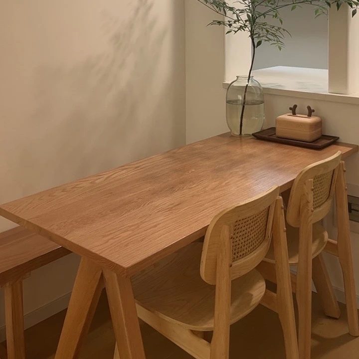 北美实木餐桌小户型家用红橡木电脑现代简约客厅原木工作台长条桌