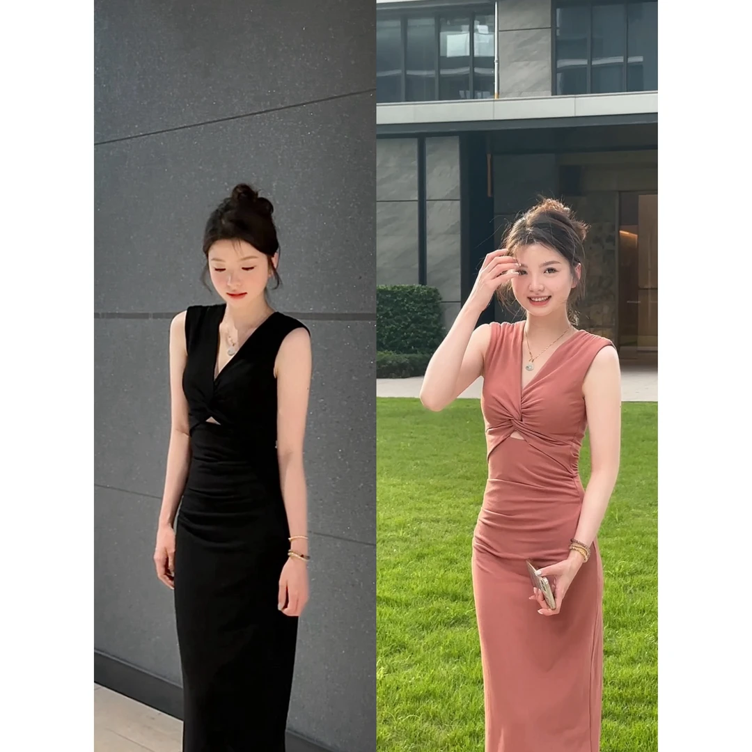 【颂宋】夏季法式显瘦性感气质时尚扭结小众V领女装连衣裙DT0189