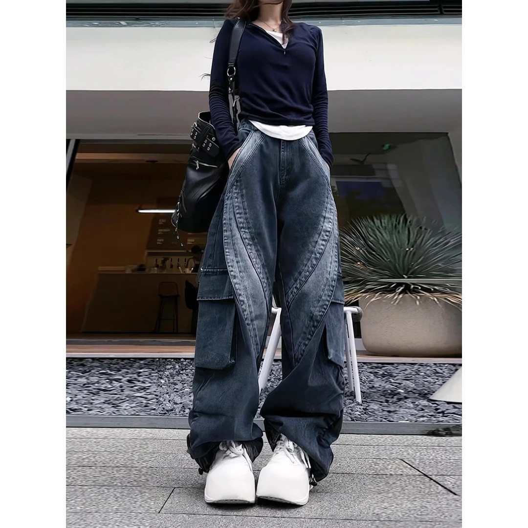 美式复古做旧高腰工装牛仔裤女2024年拼接设计感直筒阔腿长裤