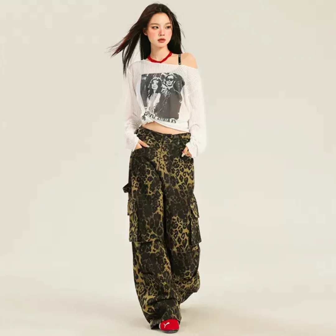 新款美式复古豹纹休闲裤时尚高腰宽松多口袋工装牛仔裤街头风
