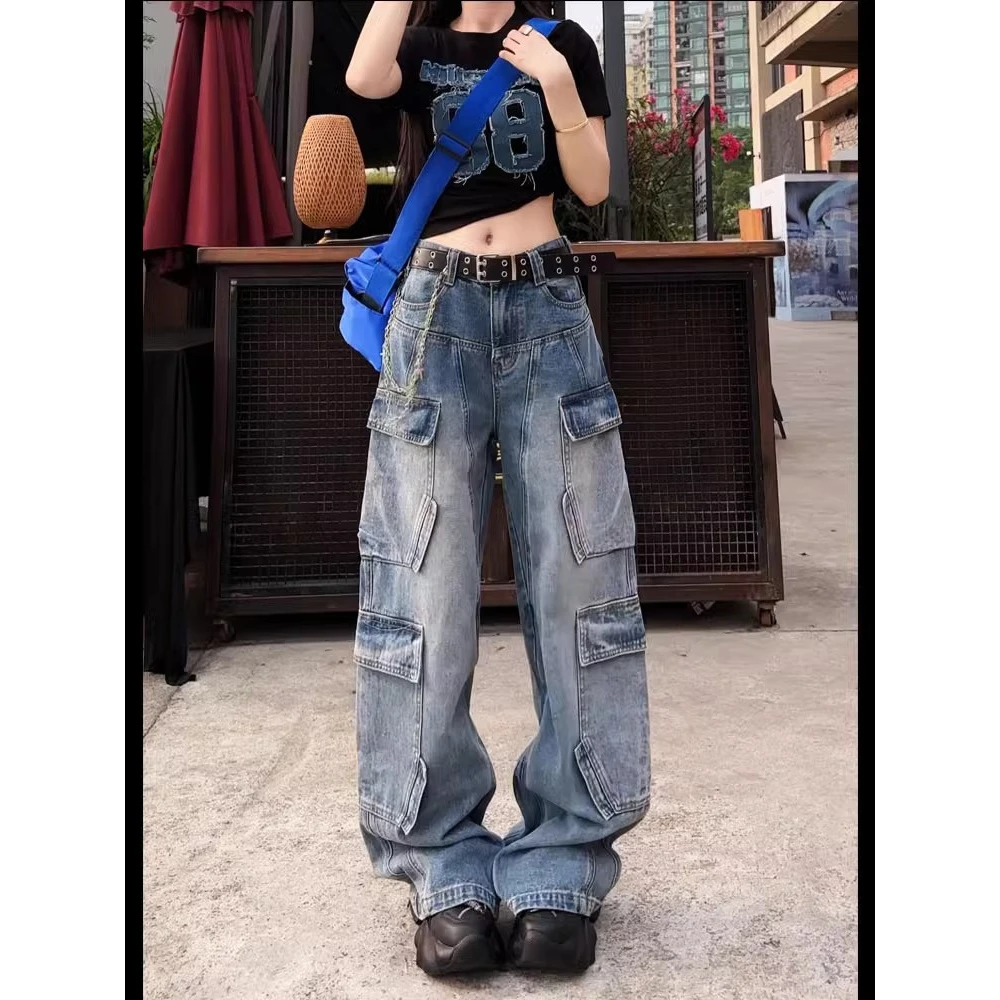 美式重工口袋直筒牛仔裤女2024年秋季新款做旧水洗宽松阔腿工装裤