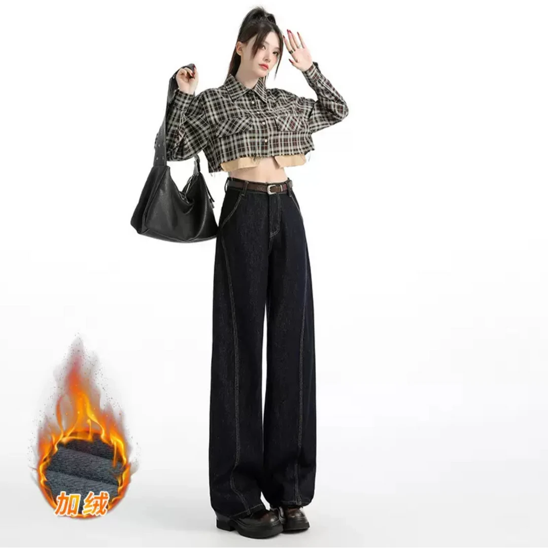 秋冬爆款加绒加厚牛仔裤女高腰显瘦休闲宽松百搭弯刀裤女阔腿裤