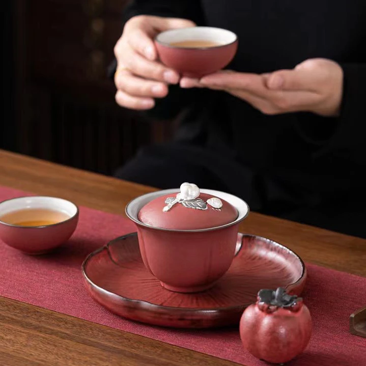 柿柿如意银彩三才盖碗家用泡茶小套装创意茶杯茶碗礼盒套装随手礼