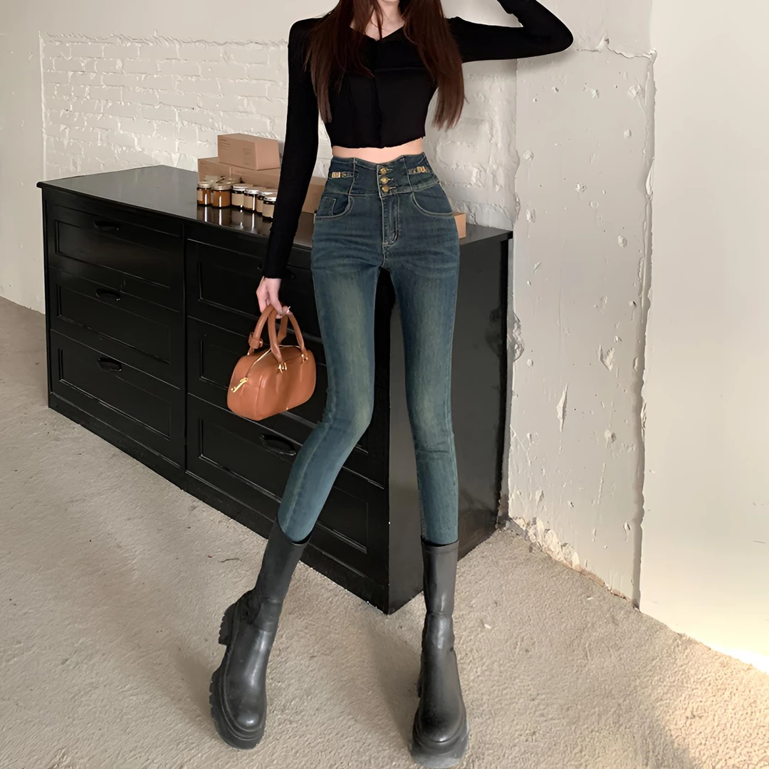 加绒小脚牛仔裤女铅笔裤秋冬季复古弹力紧身显瘦收腹高腰小脚裤