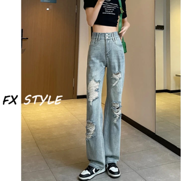 破洞裤子直筒牛仔裤女高腰宽松百搭显瘦窄破洞牛仔裤女夏季薄款