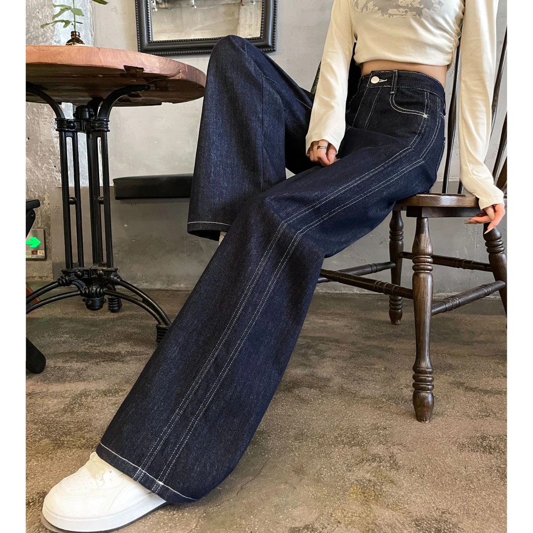 丹宁蓝直筒牛仔裤女2025春季高腰宽松显瘦不贴腿复古窄版春季裤子