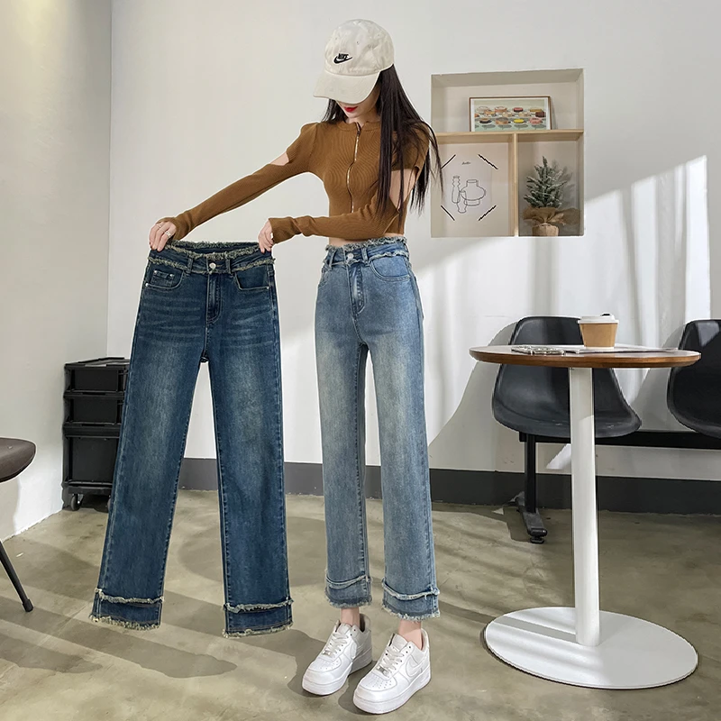 时尚高腰复古直筒牛仔裤女2025春季新款早显瘦宽松小个子九分烟