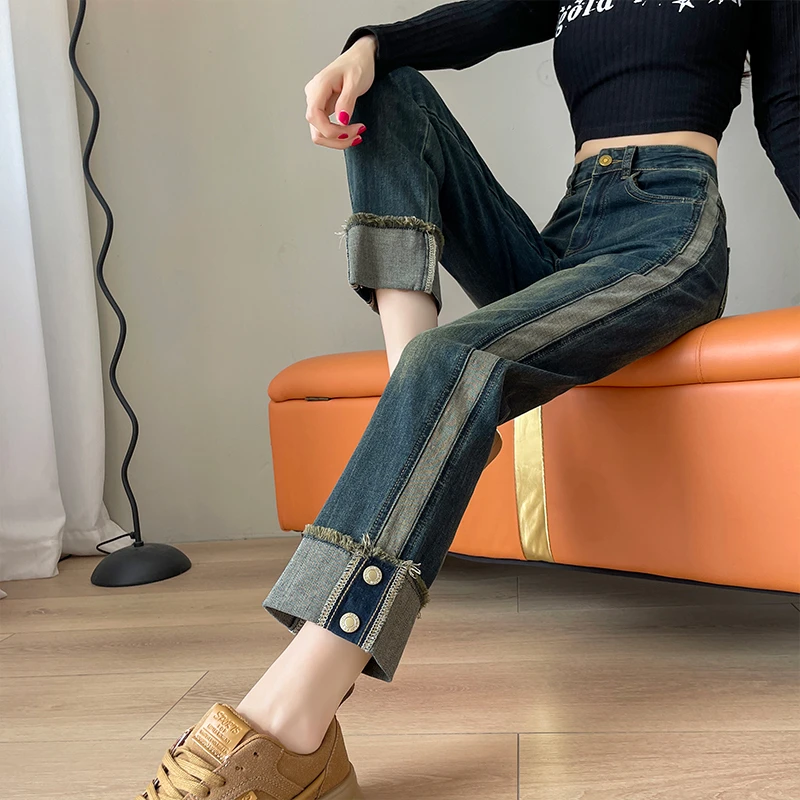 牛仔九分裤子秋冬季加绒高腰女装休闲撞色拼接复古直筒烟管裤子潮