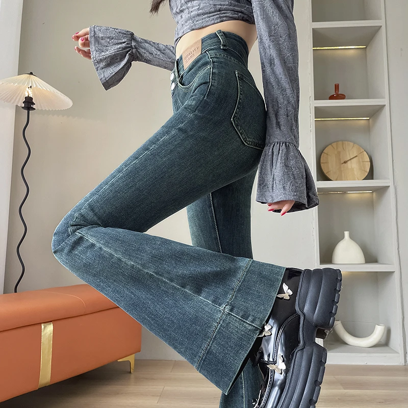 复古蓝微喇高腰拖地牛仔裤女春秋季2025年新款修身弹力百搭喇叭裤