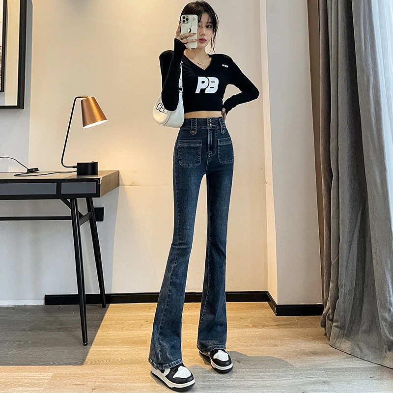 爆款裤子法式高腰微喇牛仔裤女2025新款修身显瘦蓝灰色九分喇叭裤