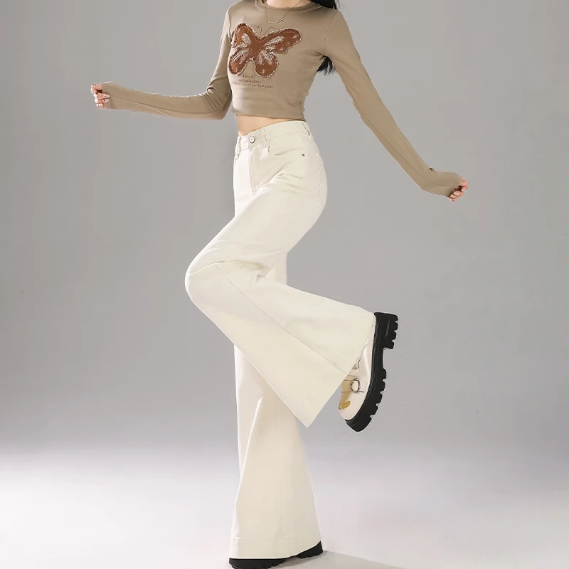 米白色微喇牛仔裤女春季2025年新款高腰显瘦宽松马蹄喇叭裤子女