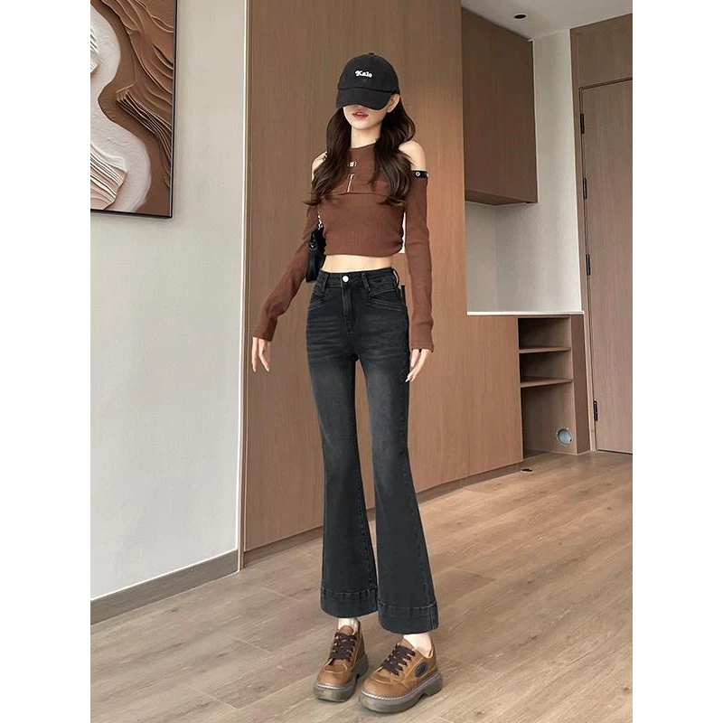 黑灰色高腰微喇牛仔裤女八分新款弹力遮胯显瘦小个子喇叭九分裤子