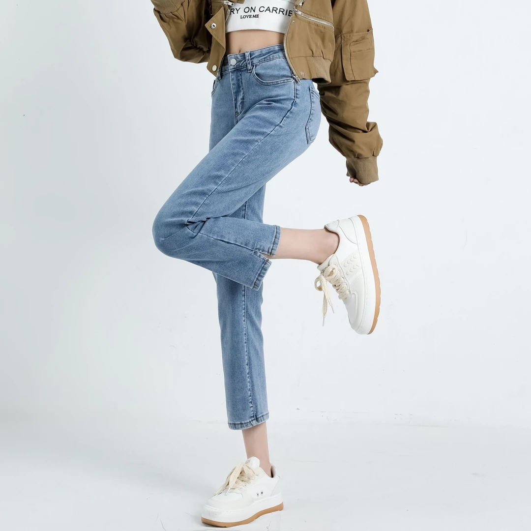 浅蓝直筒牛仔裤女2024秋季新款气质百搭高腰显瘦小个子女装九分裤