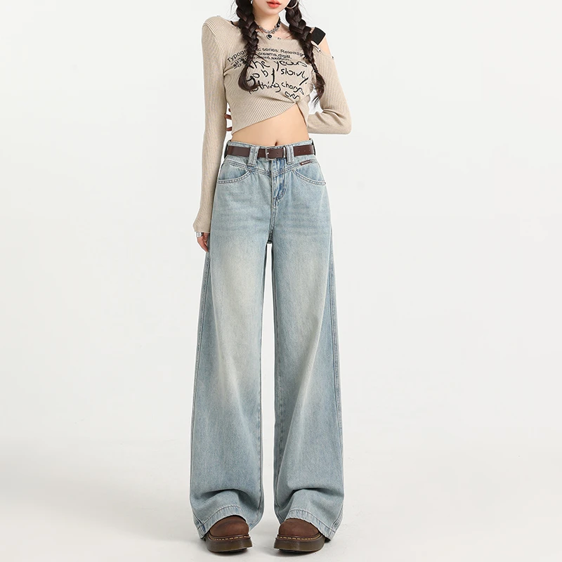 浅蓝色牛仔裤女秋冬季新款宽松直筒mm垂感加绒拖地裤子大码150