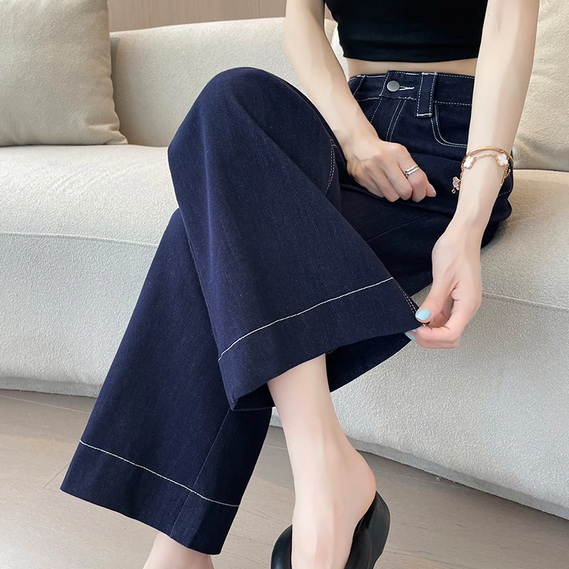 丹宁蓝阔腿牛仔裤女九分春秋季新款宽松显瘦设计感小个子八分裤子